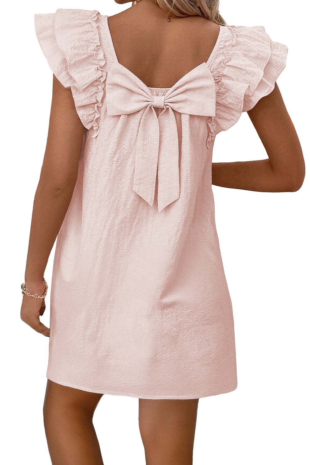 Light Pink Textured Flutter Sleeve Square Neck Bow Back Dress