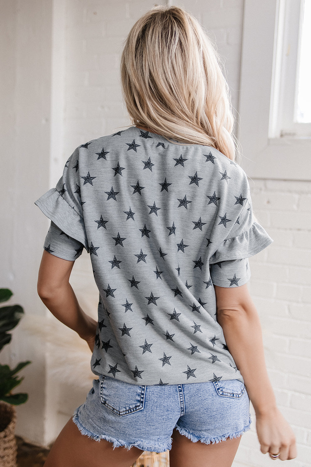 Gray Star Print Tiered Ruffled Sleeve Crew Neck Top