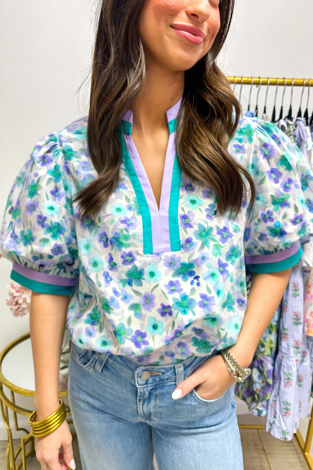 Green Floral Print Striped Trim Split V Neck Puff Short Sleeve Blouse