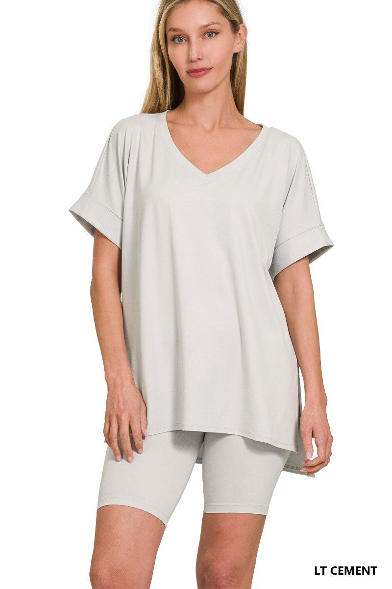 Zenana Brushed Microfiber V-neck Top & Biker Shorts-Variety Of Colors