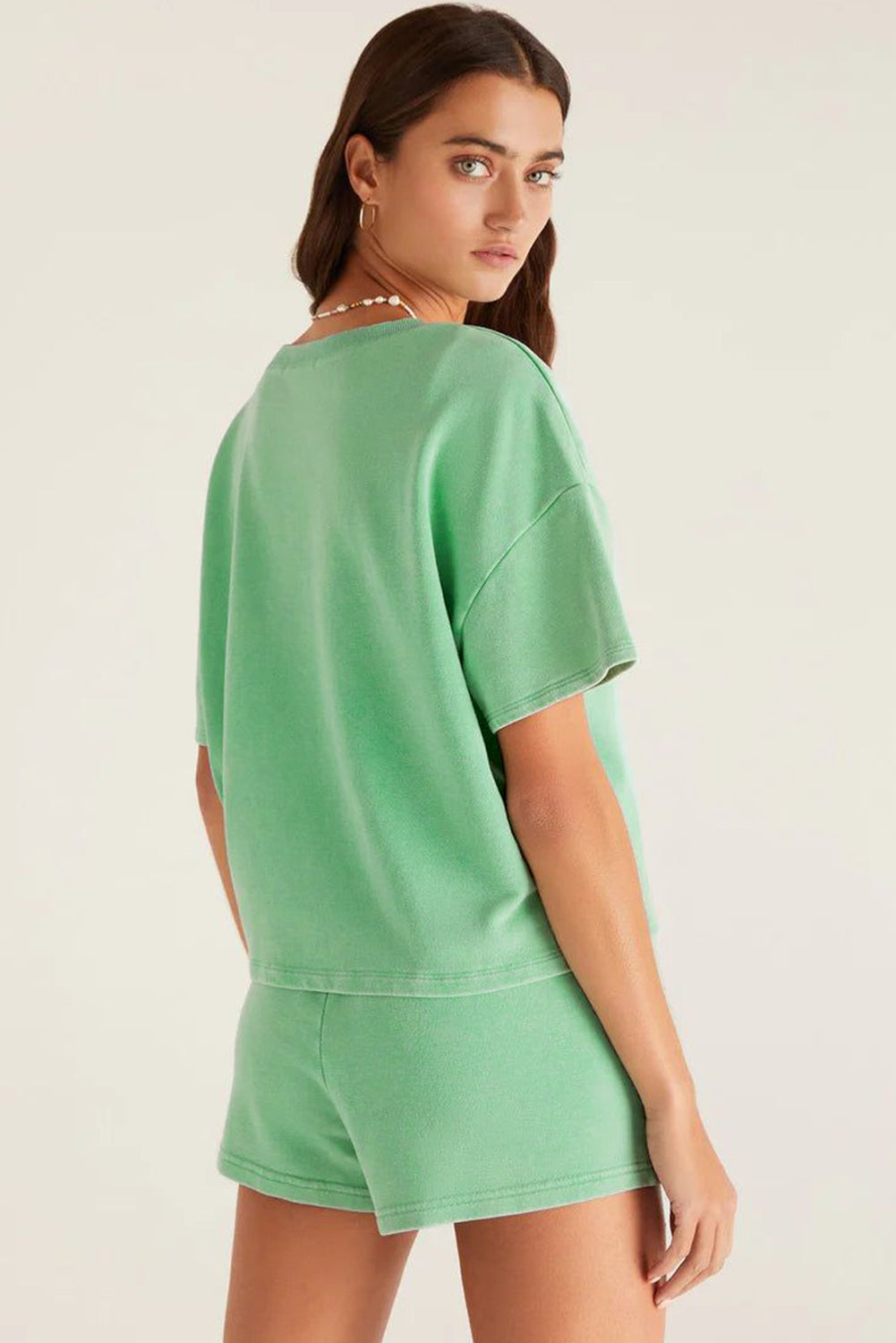 Mint Green V Neck Drop Shoulder Top and Patchwork Drawstring Shorts Set