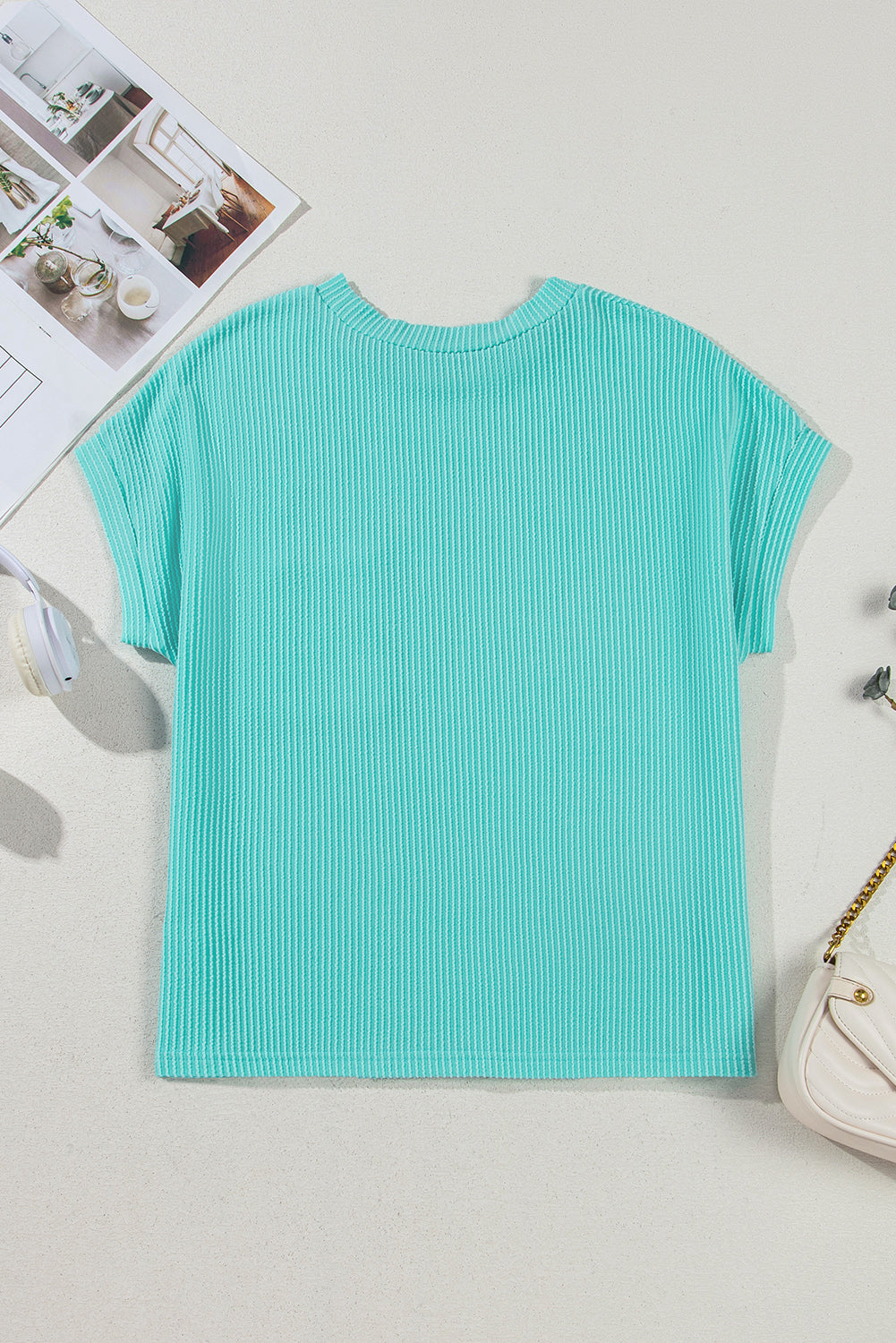 Light Blue Corded Knit Color Block Pocketed Crew Neck Top