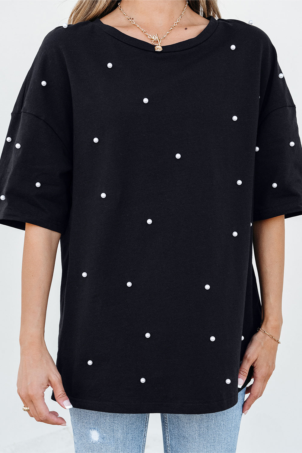 Black Pearl Beaded Drop Shoulder Crewneck Top