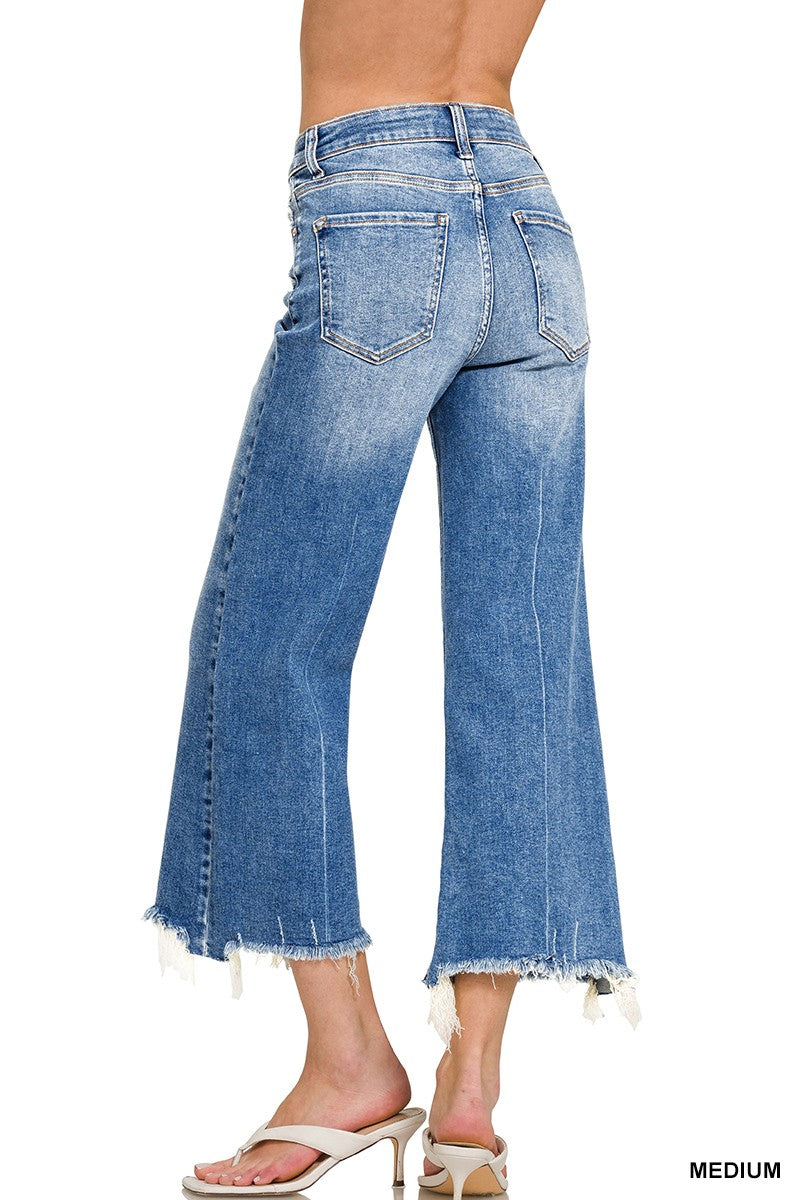ZENANA MID RISE STRAIGHT RAW HEM DENIM PANTS