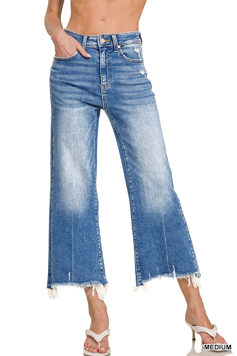 ZENANA MID RISE STRAIGHT RAW HEM DENIM PANTS