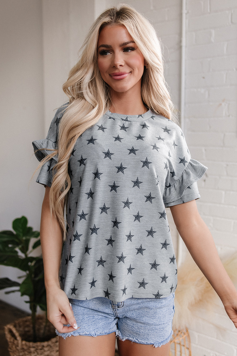 Gray Star Print Tiered Ruffled Sleeve Crew Neck Top