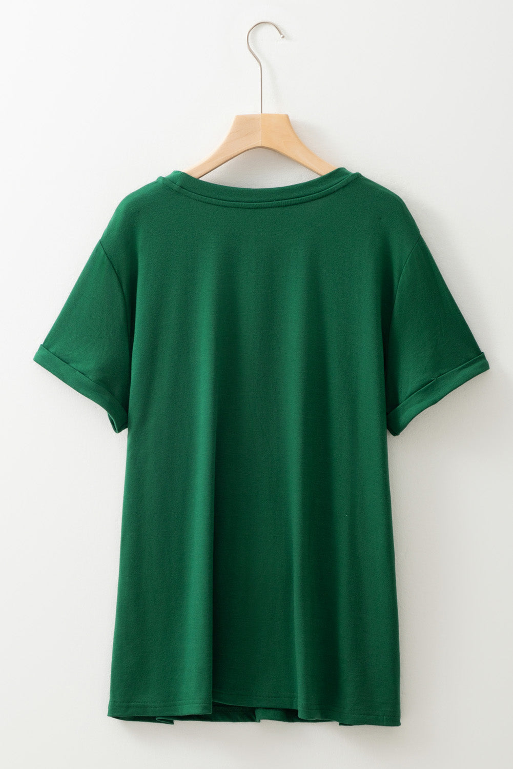 Dark Green Round Neck Rolled Sleeve Plus Size Top