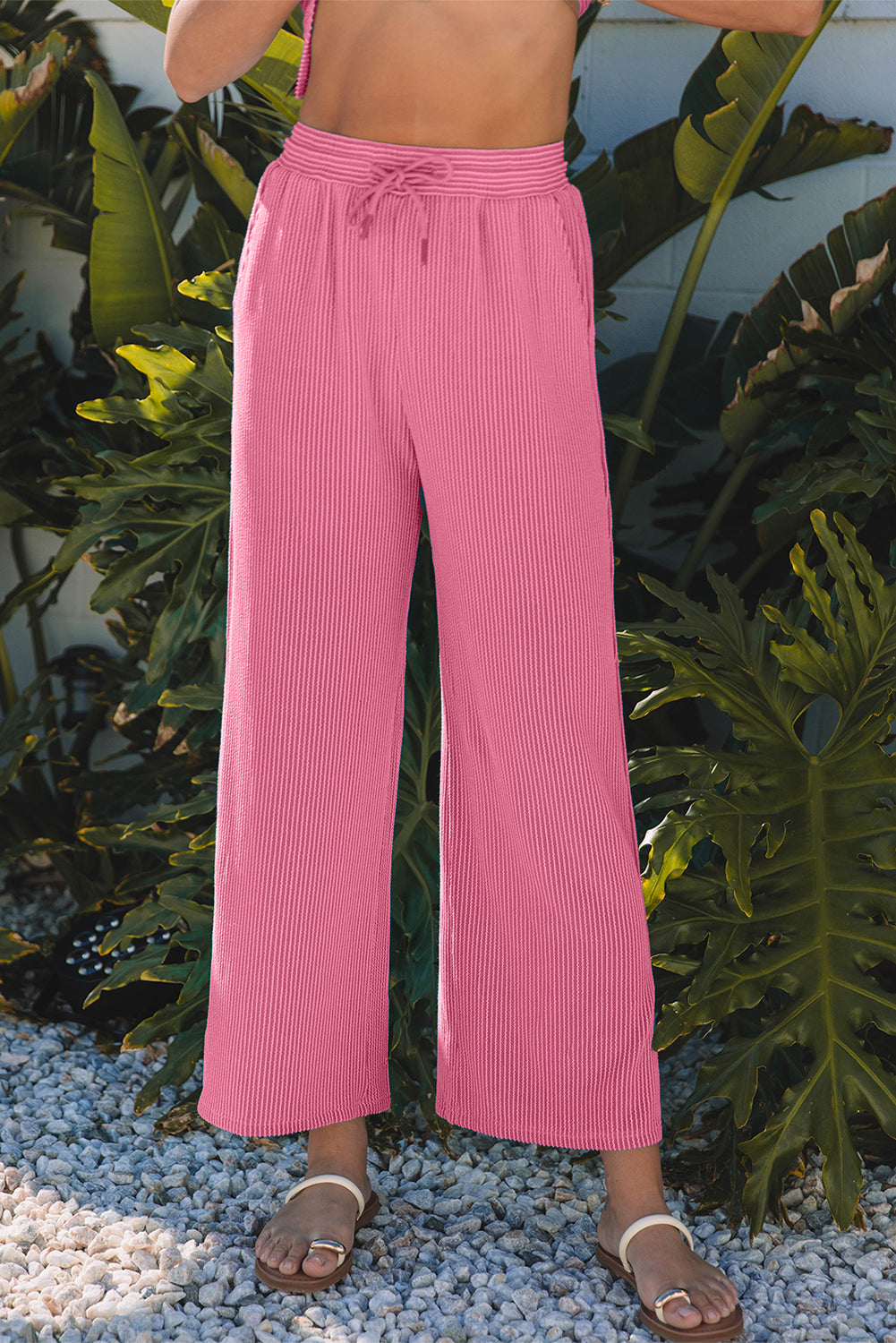 Bright Pink Solid Corded Knit Short Sleeve Top and Wide Leg Pants Set