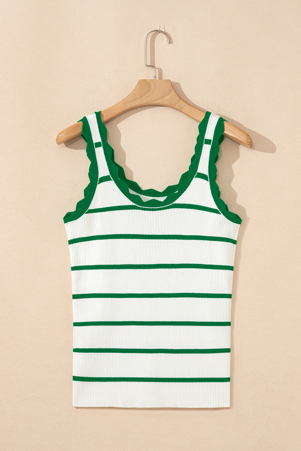 Bright Green Striped Scalloped Edge U Neck Sleeveless Sweater Tank