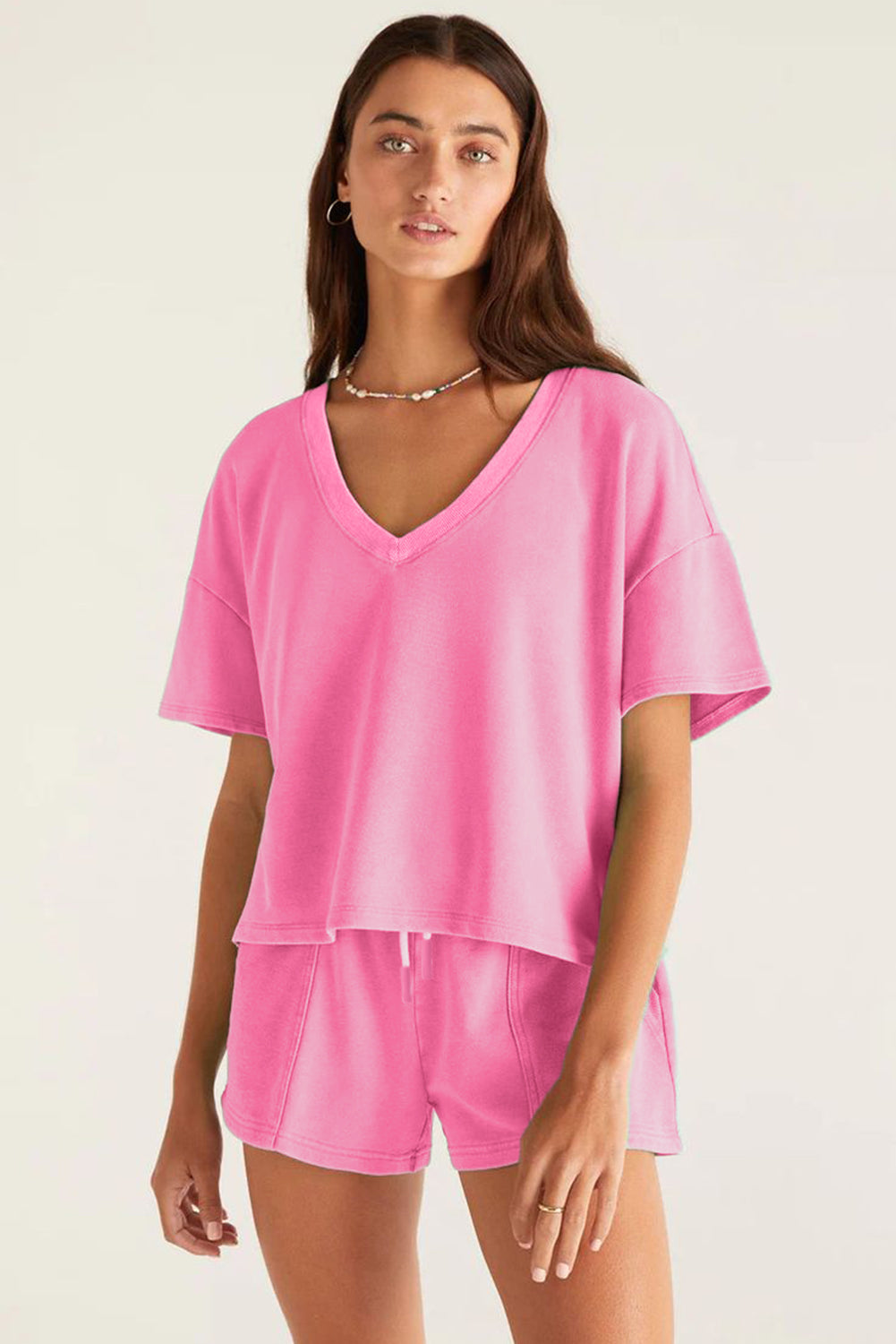 Bonbon V Neck Drop Shoulder Top and Patchwork Drawstring Shorts Set