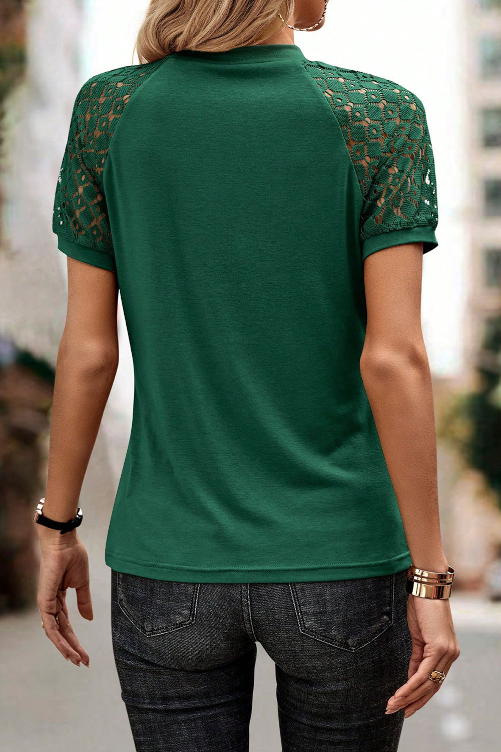 Blackish Green Seamed Detail Contrast Lace Raglan Sleeve Top