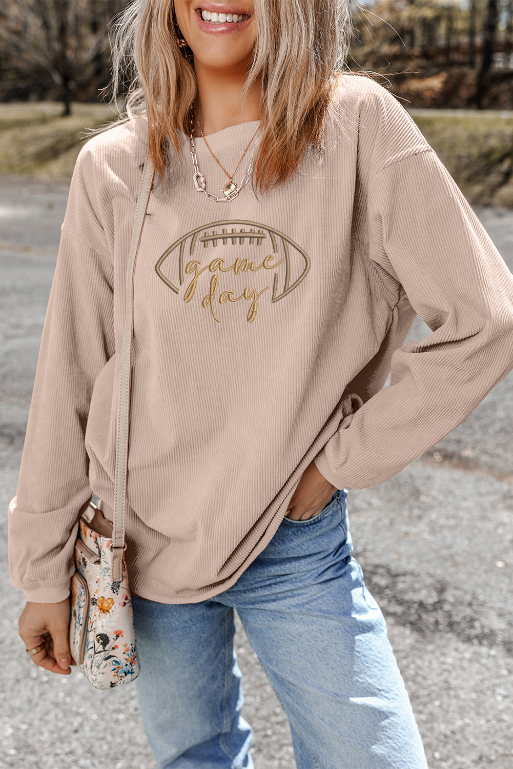 Apricot Game Day Embroidered Corduroy Sweatshirt