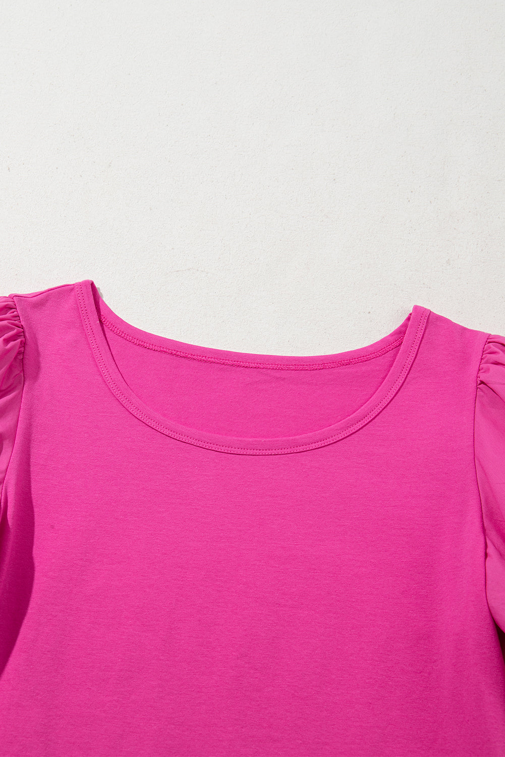 Strawberry Pink Casual Round Neck Bubble Sleeve Top
