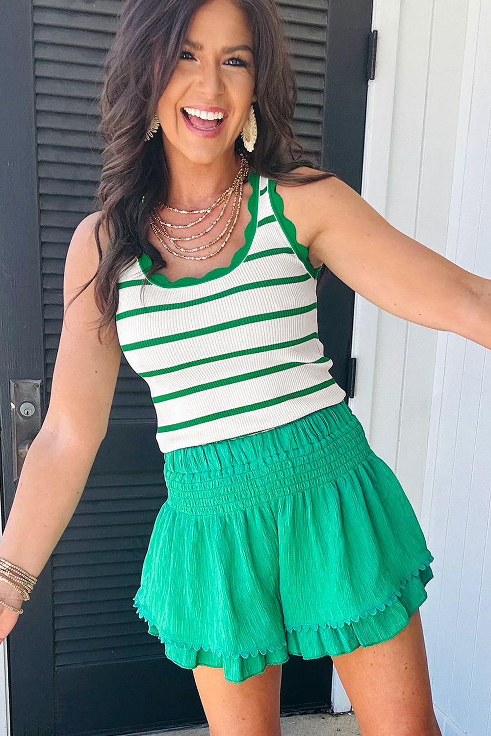 Bright Green Striped Scalloped Edge U Neck Sleeveless Sweater Tank