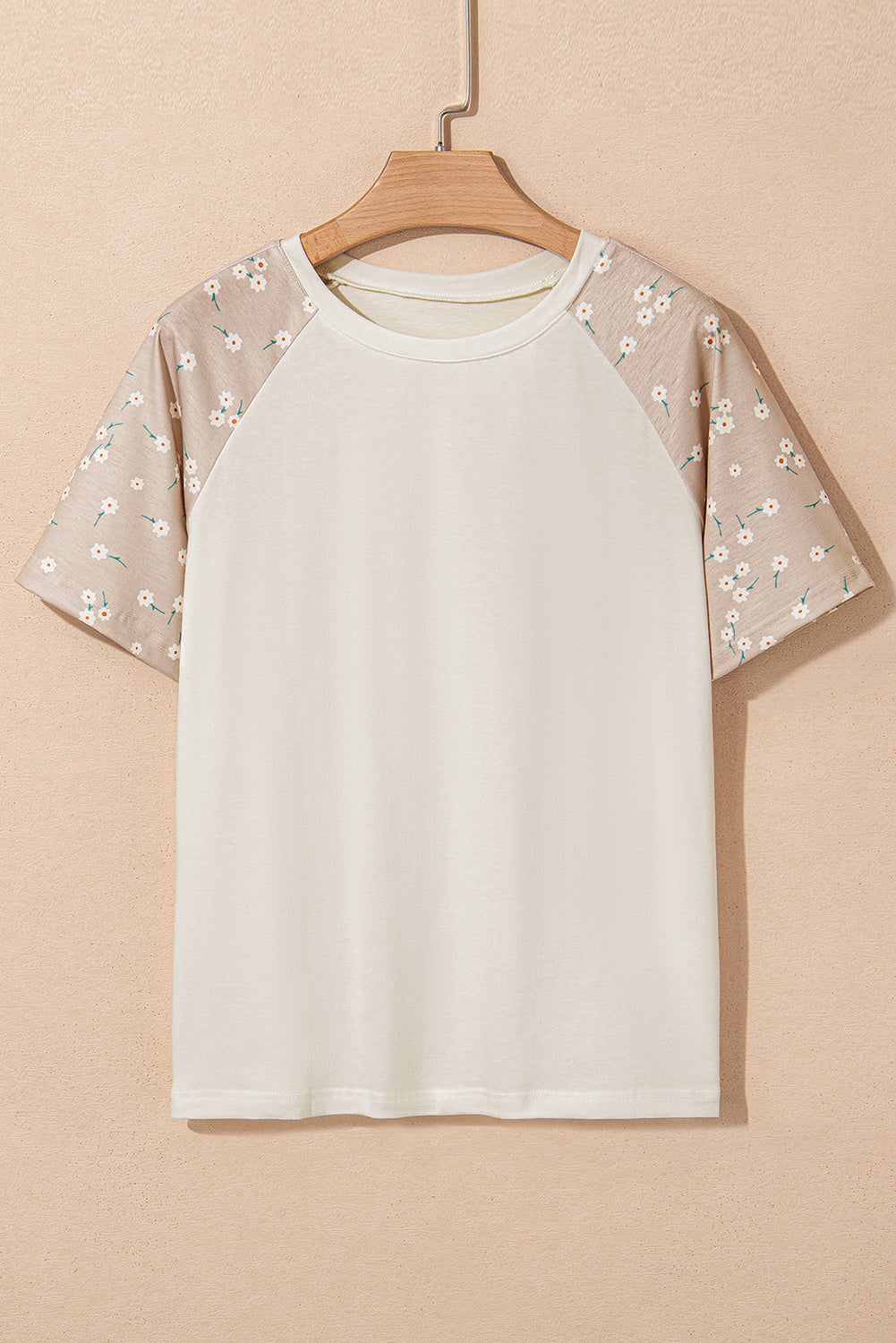 Beige Floral Print Color Block Raglan Sleeve Top