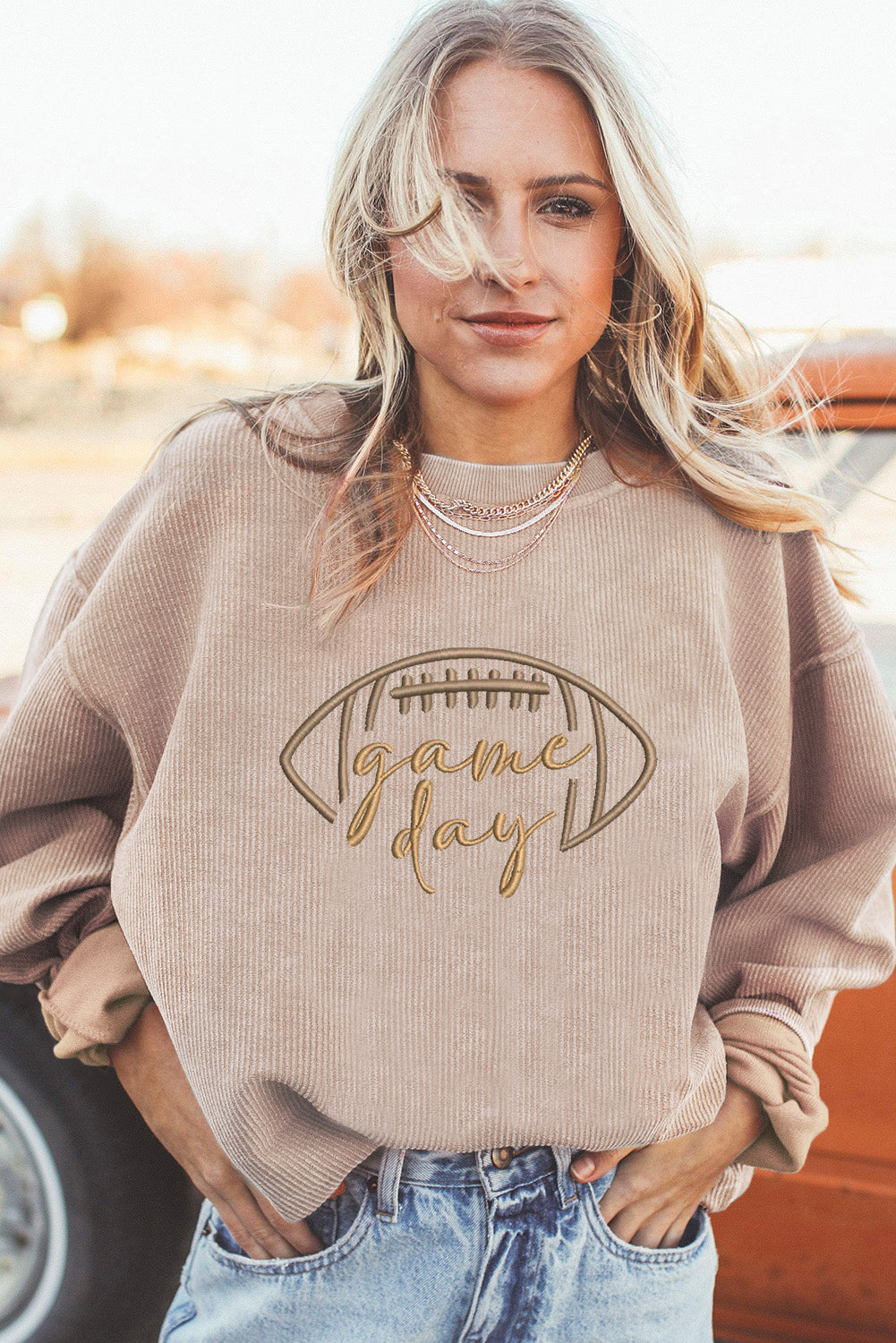 Apricot Game Day Embroidered Corduroy Sweatshirt