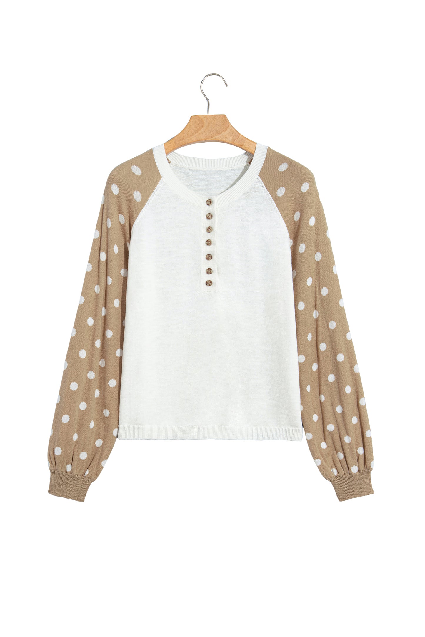 Khaki Polka Dot Contrast Long Sleeve Button V Neck Sweater