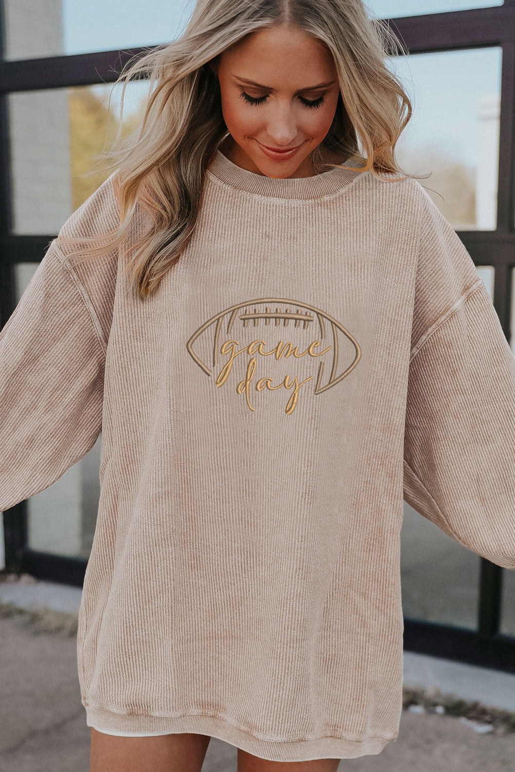 Apricot Game Day Embroidered Corduroy Sweatshirt