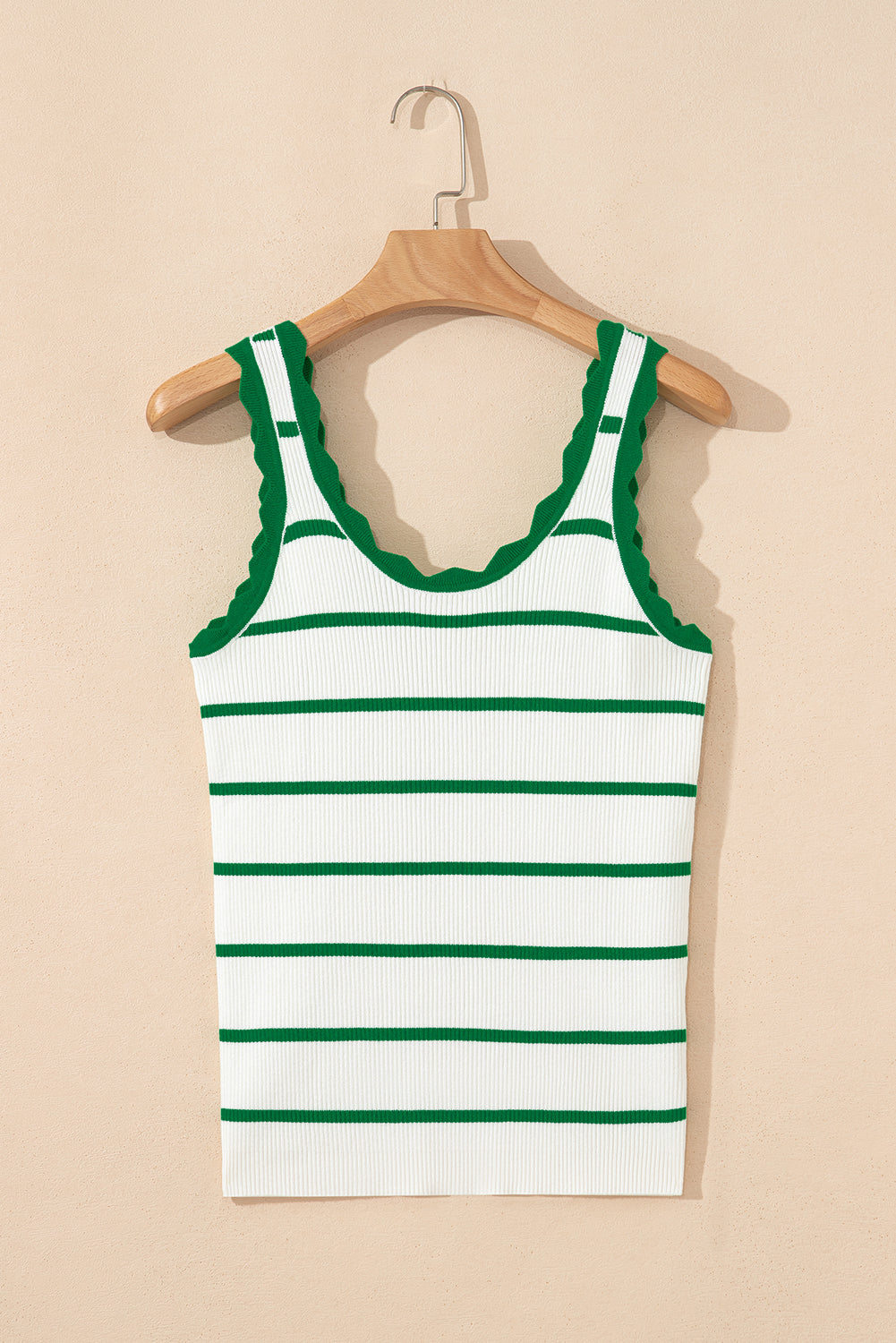 Bright Green Striped Scalloped Edge U Neck Sleeveless Sweater Tank