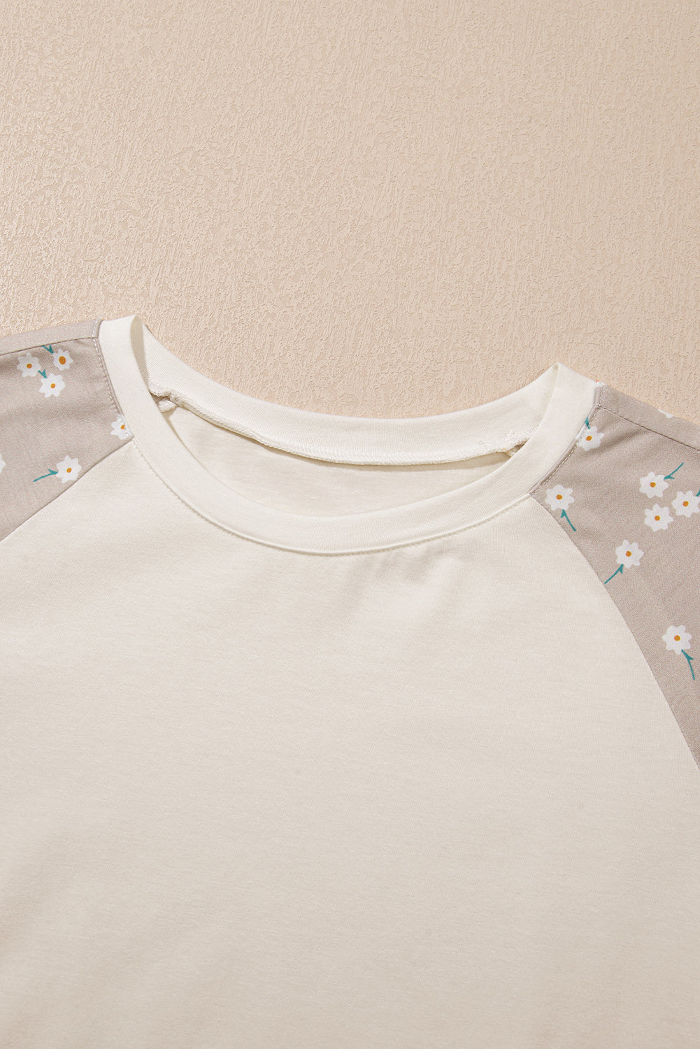 Beige Floral Print Color Block Raglan Sleeve Top