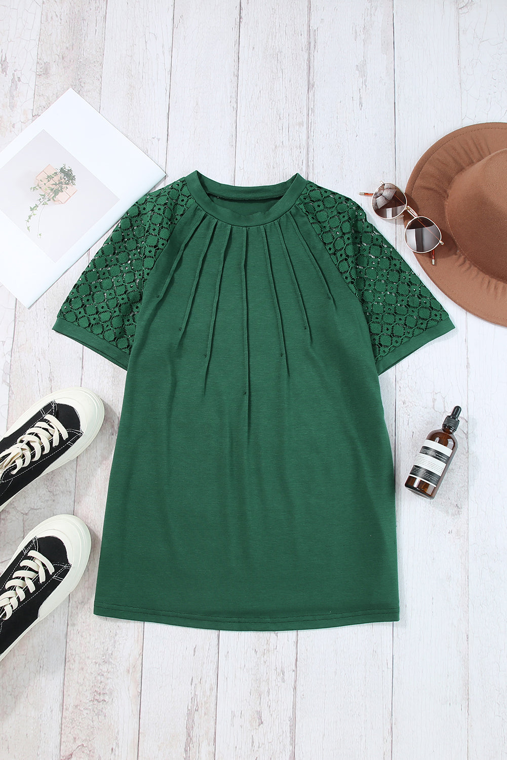 Blackish Green Seamed Detail Contrast Lace Raglan Sleeve Top