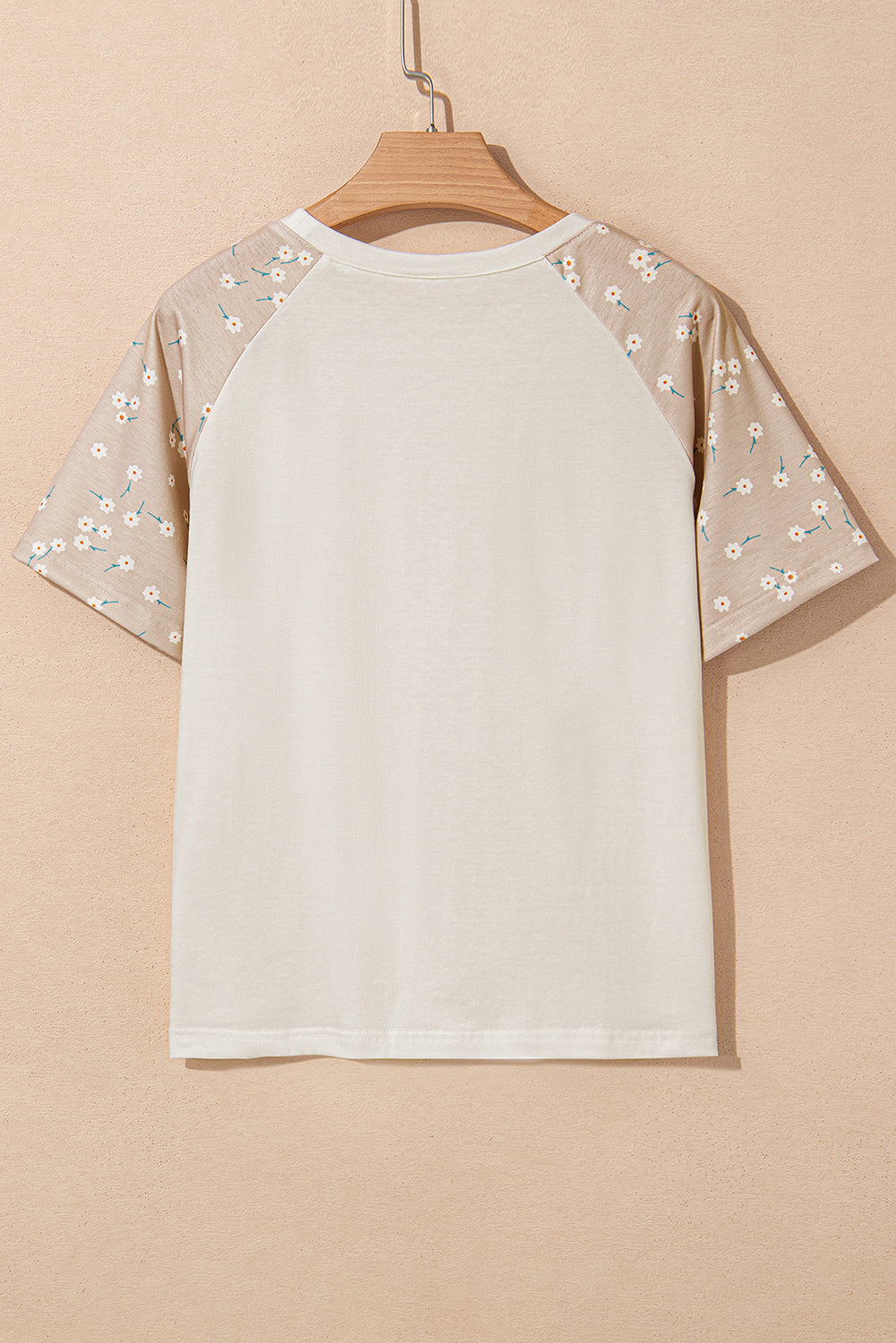 Beige Floral Print Color Block Raglan Sleeve Top