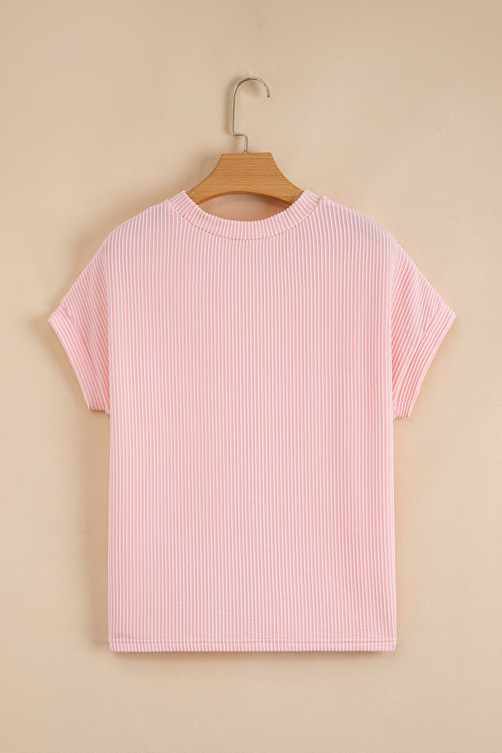 Pink Corded Knit Color Block Pocketed Crew Neck Top