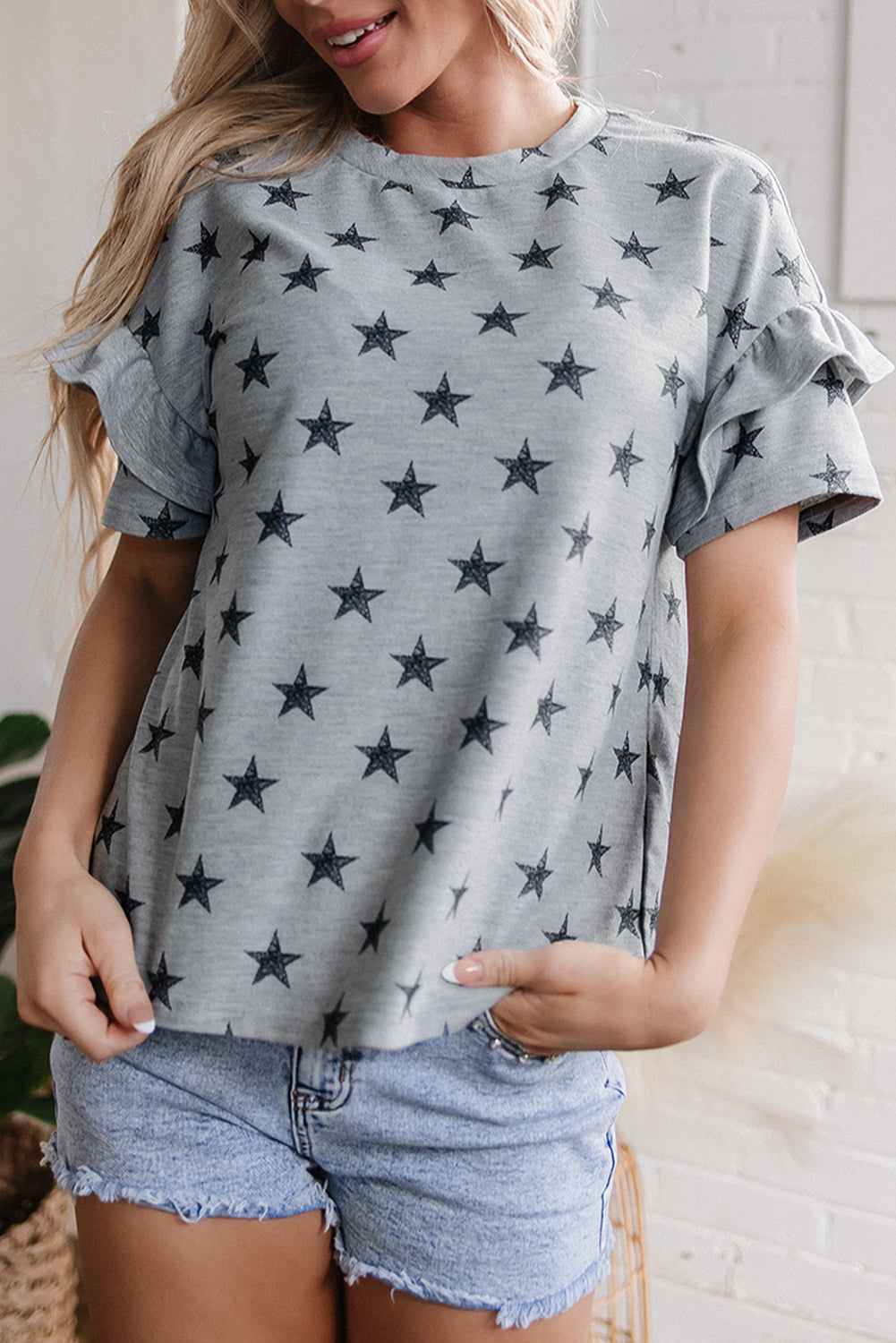 Gray Star Print Tiered Ruffled Sleeve Crew Neck Top