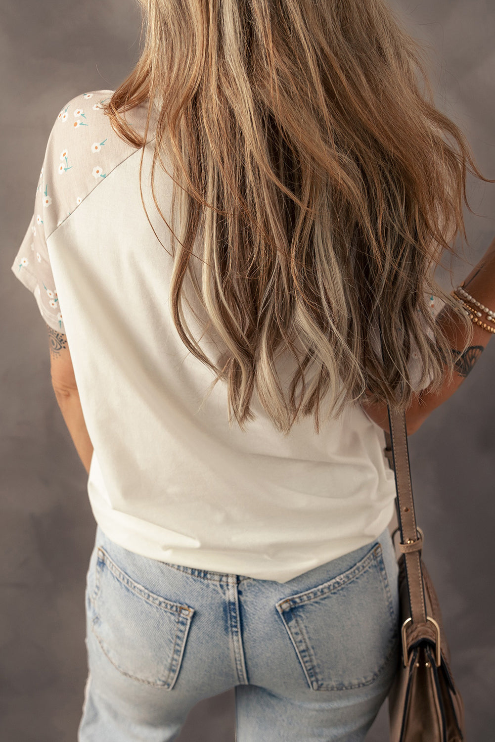 Beige Floral Print Color Block Raglan Sleeve Top