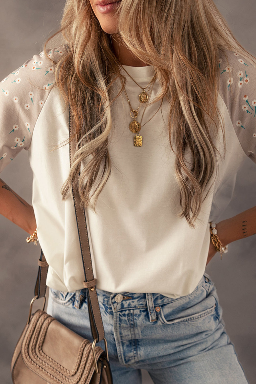 Beige Floral Print Color Block Raglan Sleeve Top