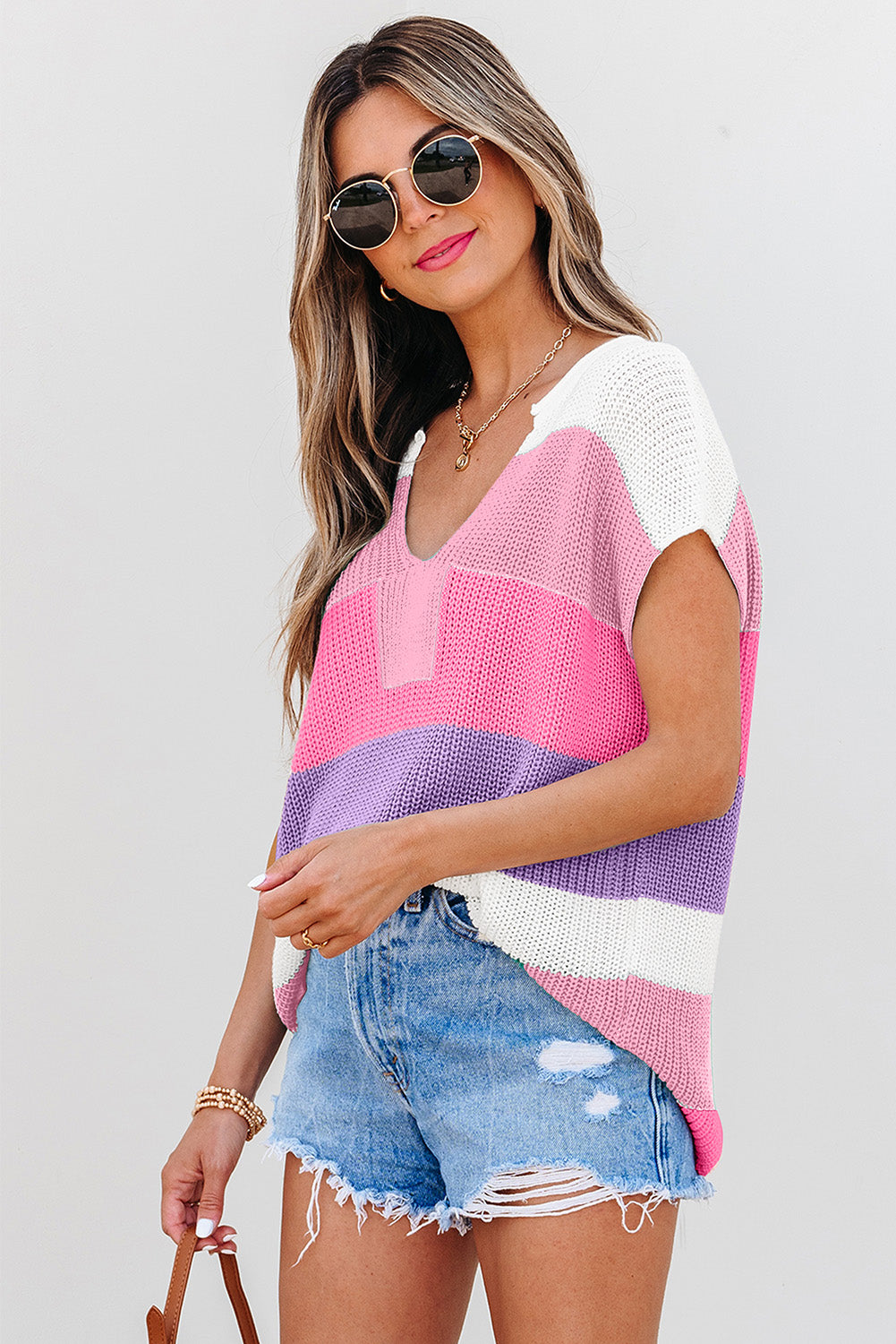 Pink Color Block Notch V Neck Sweater Top