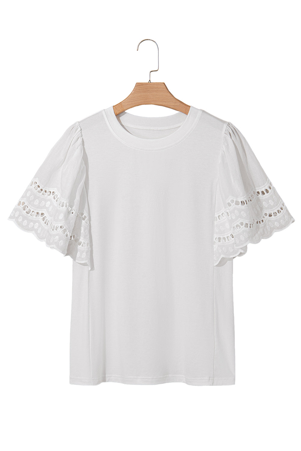 White Hollow Out Embroidered Short Sleeve O Neck Top