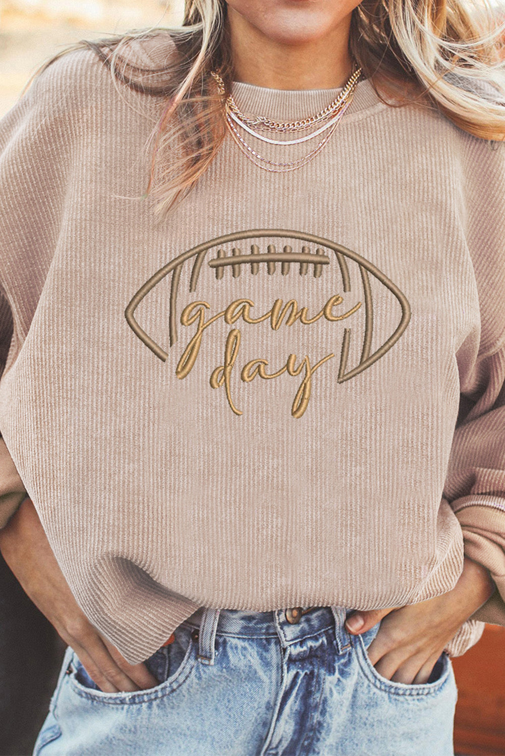 Apricot Game Day Embroidered Corduroy Sweatshirt