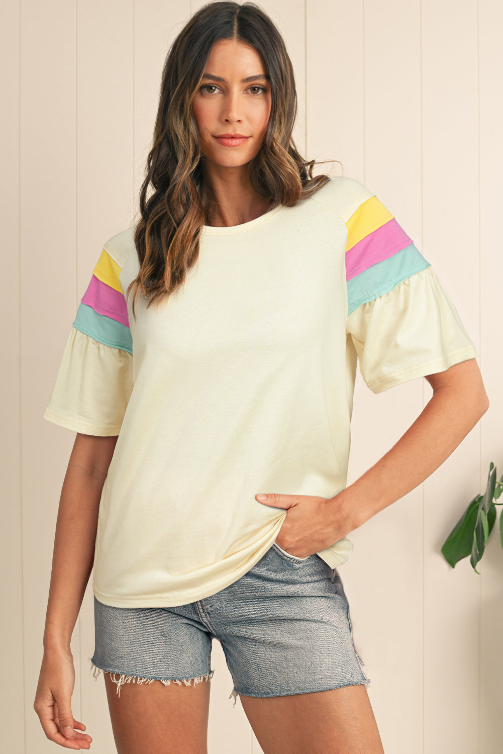 White Color Block Stitched Sleeve Loose Top