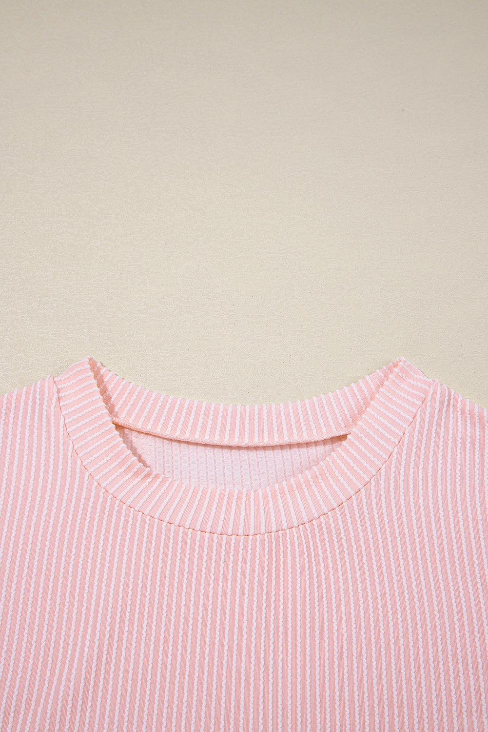 Pink Corded Knit Color Block Pocketed Crew Neck Top