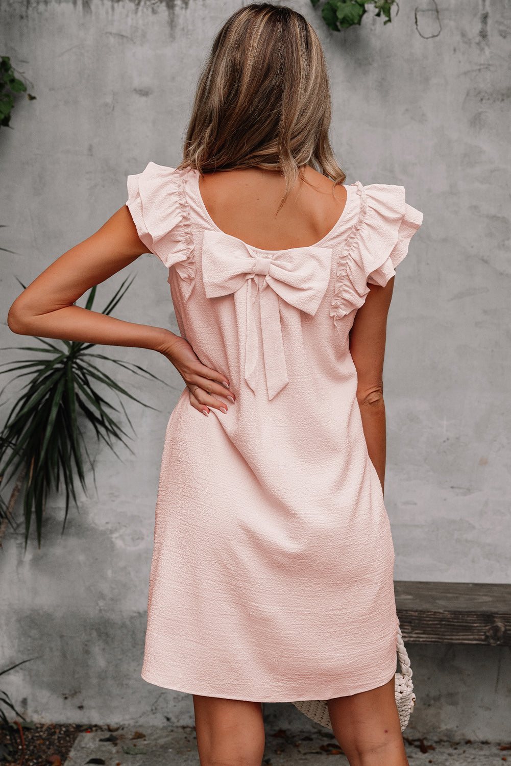 Light Pink Textured Flutter Sleeve Square Neck Bow Back Dress