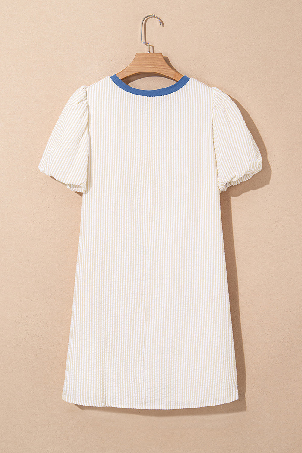 Beige Stripe Seersucker Contrast Round Neck Puff Sleeve Dress