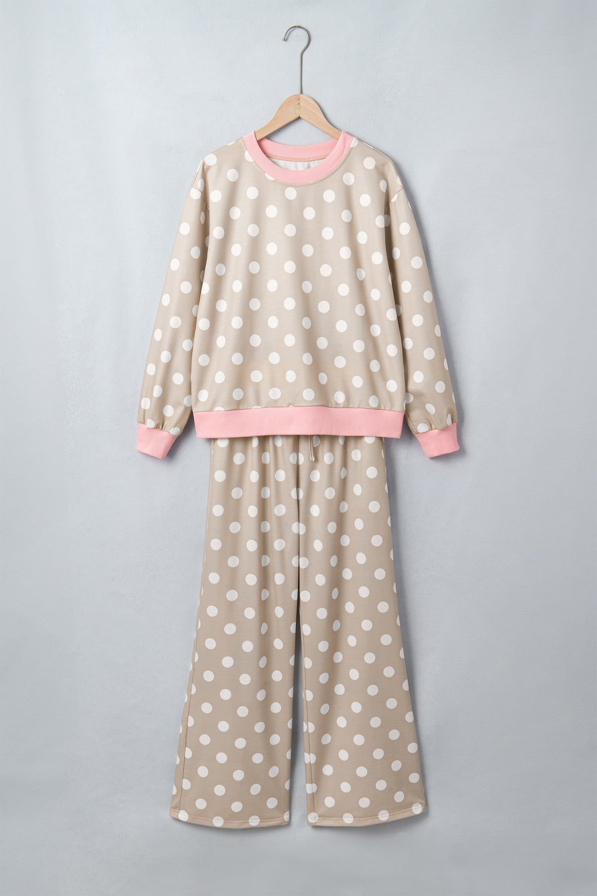 Sky Blue Polka Dot Contrast Trim Long Sleeve Top Drawstring Shift Pants Set