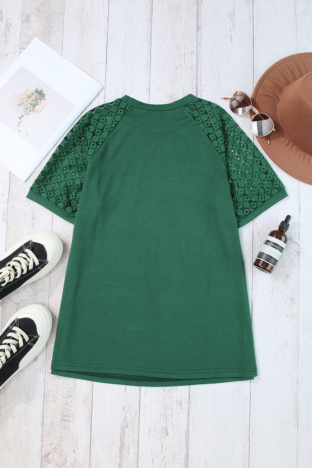 Blackish Green Seamed Detail Contrast Lace Raglan Sleeve Top