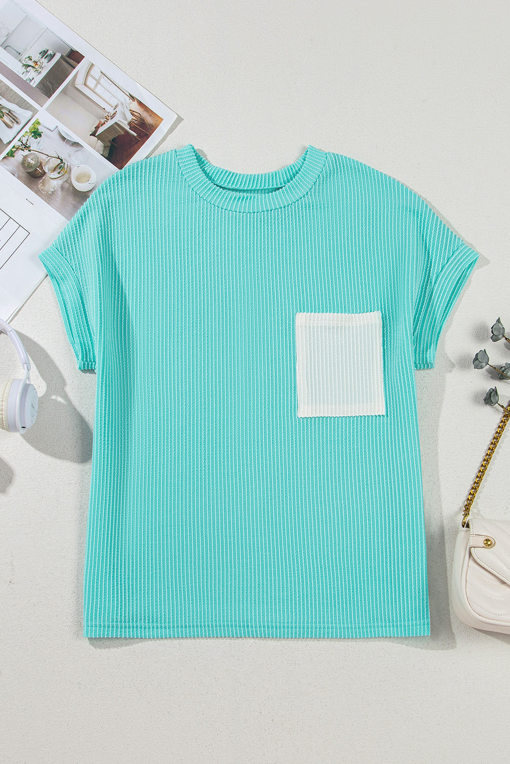 Light Blue Corded Knit Color Block Pocketed Crew Neck Top