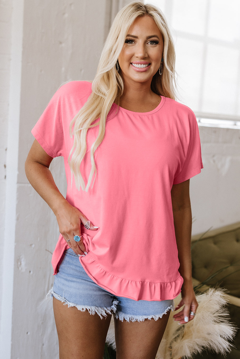 Pink Frilled Hem Loose Top
