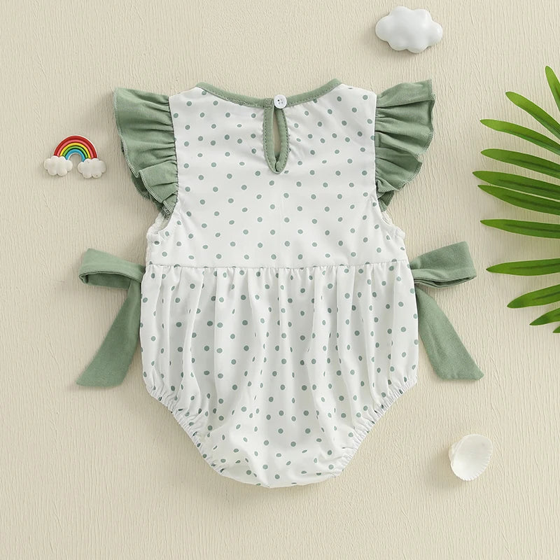 Baby girl dot print romper with flying sleeves, round neck, and fish embroidery from Lavendar Lane Clothing.