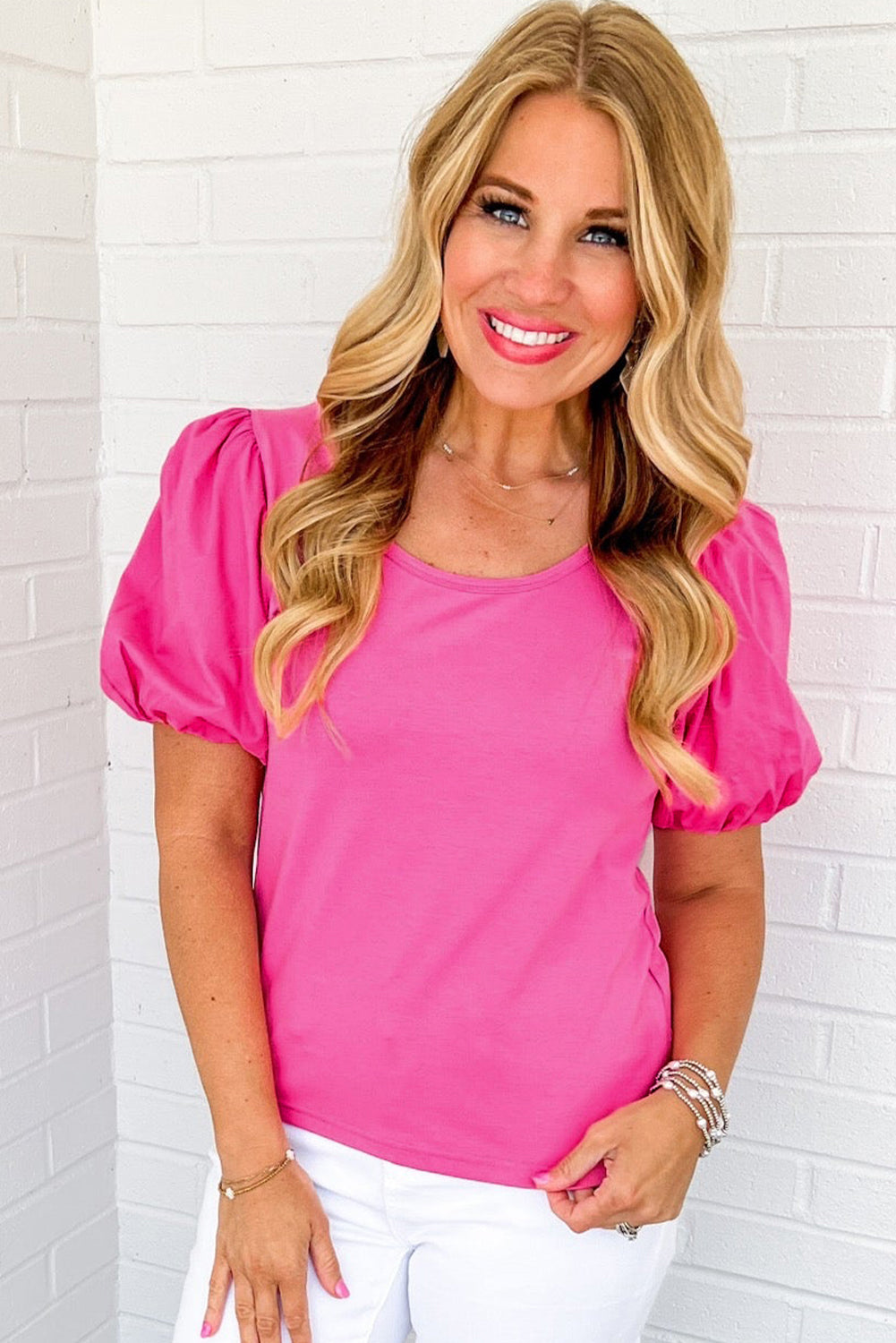 Strawberry Pink Casual Round Neck Bubble Sleeve Top