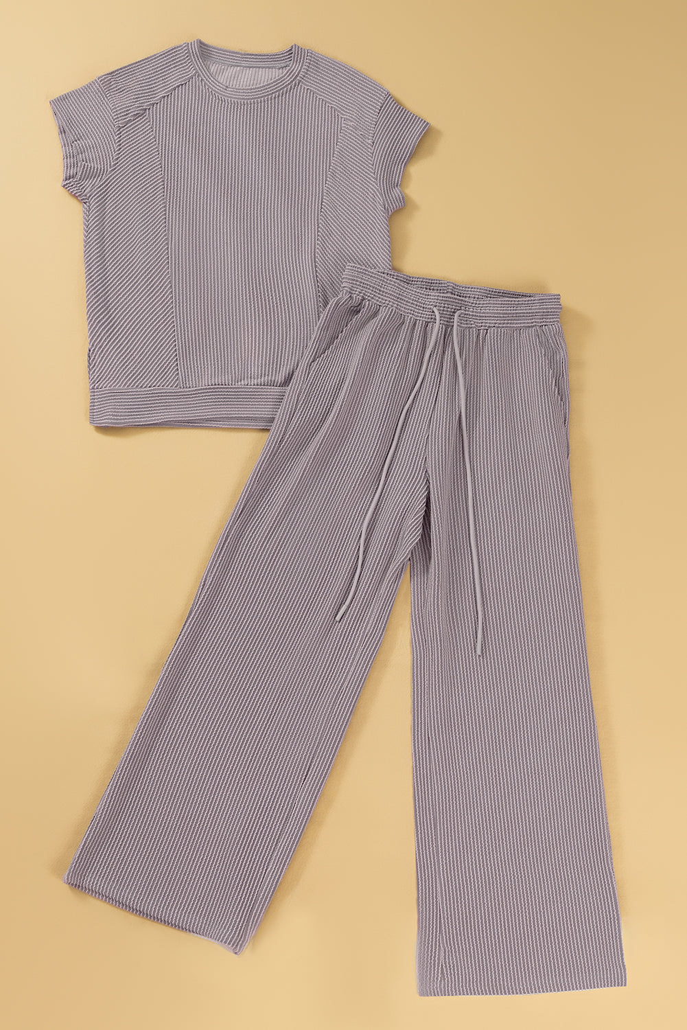 Wild Wind Solid Corded Knit Short Sleeve Top and Wide Leg Pants Set