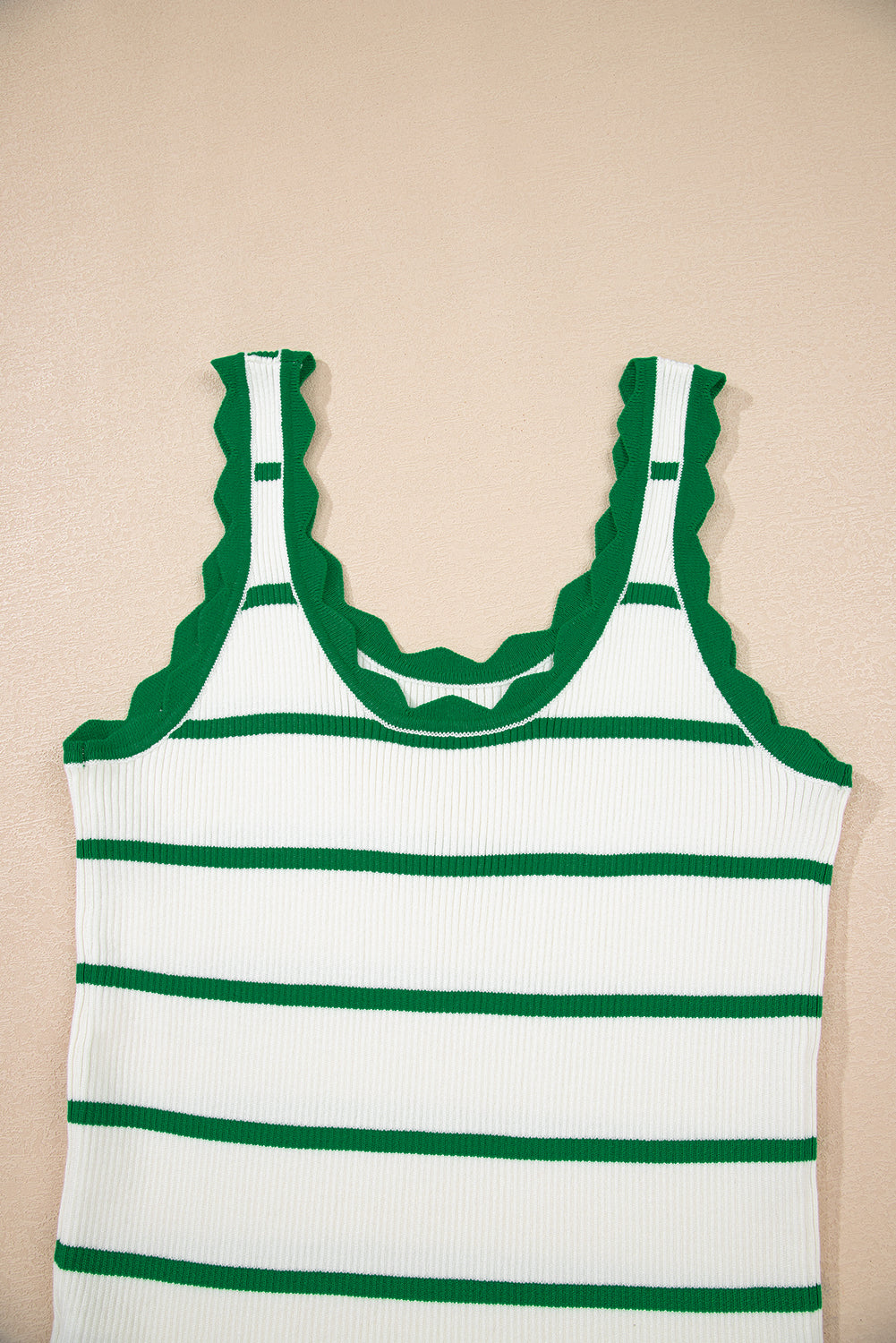 Bright Green Striped Scalloped Edge U Neck Sleeveless Sweater Tank