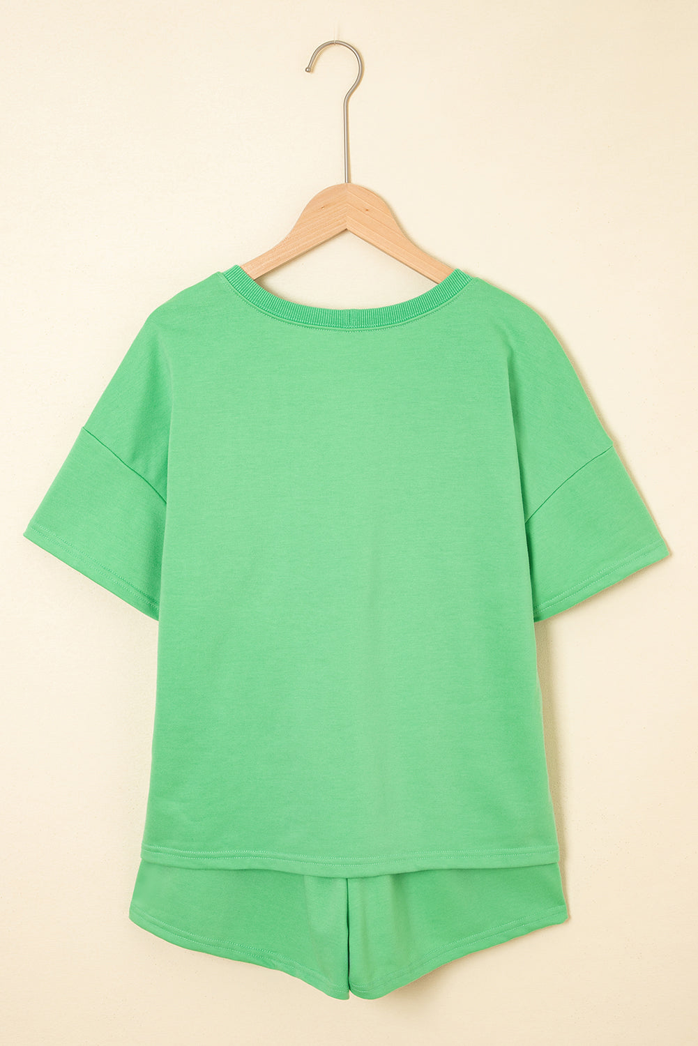 Mint Green V Neck Drop Shoulder Top and Patchwork Drawstring Shorts Set