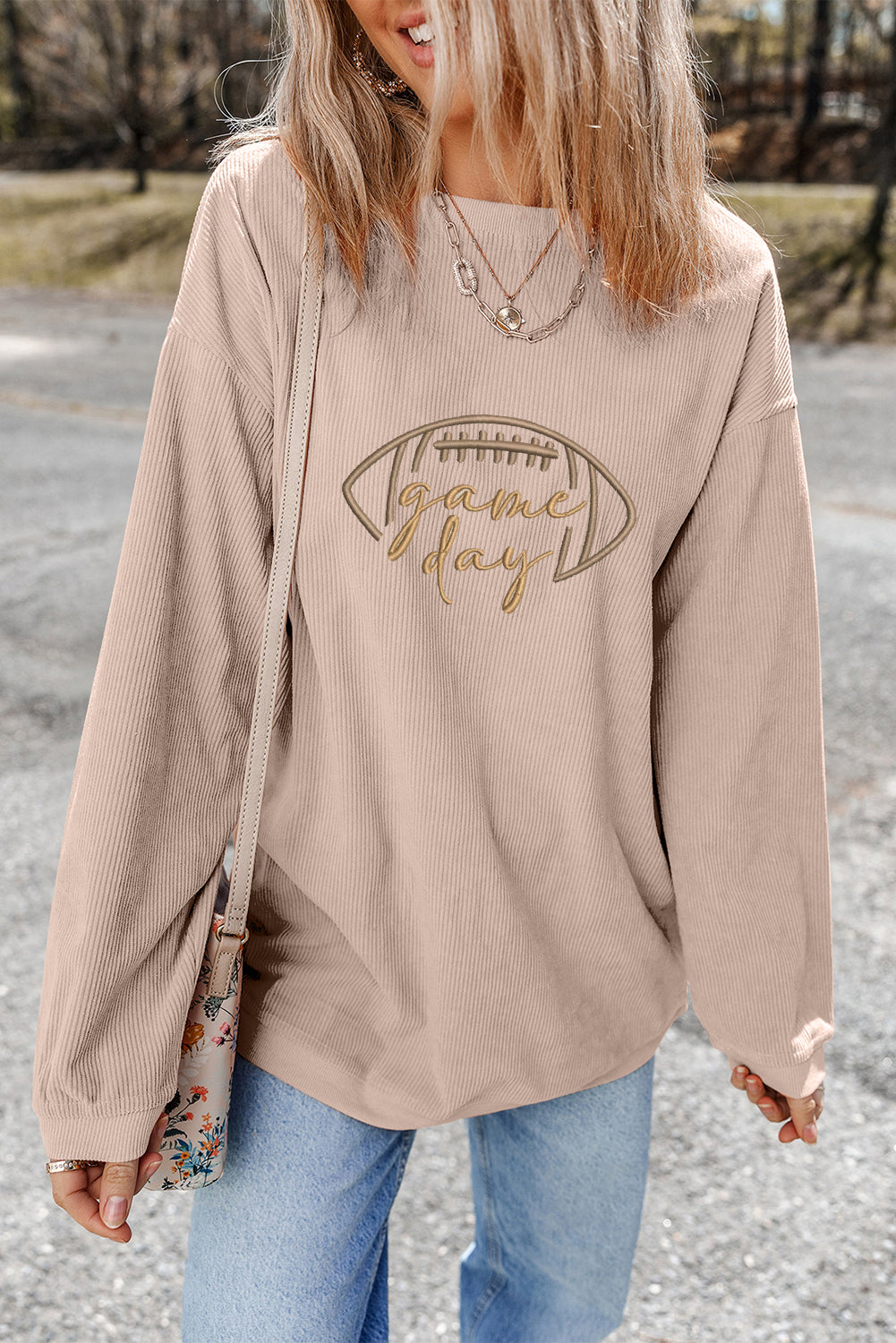 Apricot Game Day Embroidered Corduroy Sweatshirt