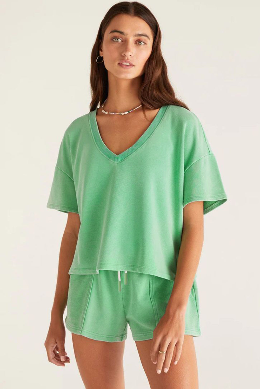 Mint Green V Neck Drop Shoulder Top and Patchwork Drawstring Shorts Set