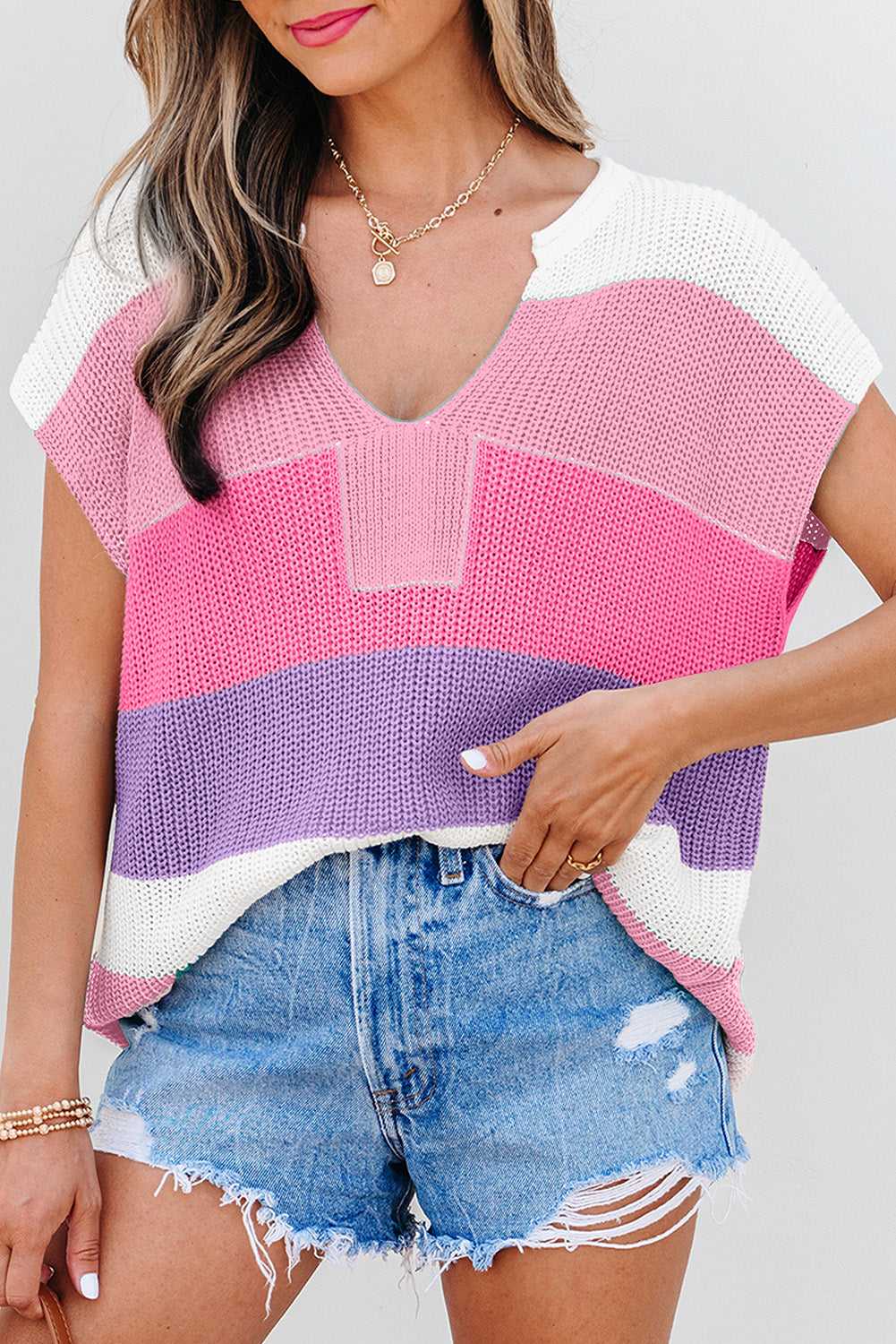 Pink Color Block Notch V Neck Sweater Top