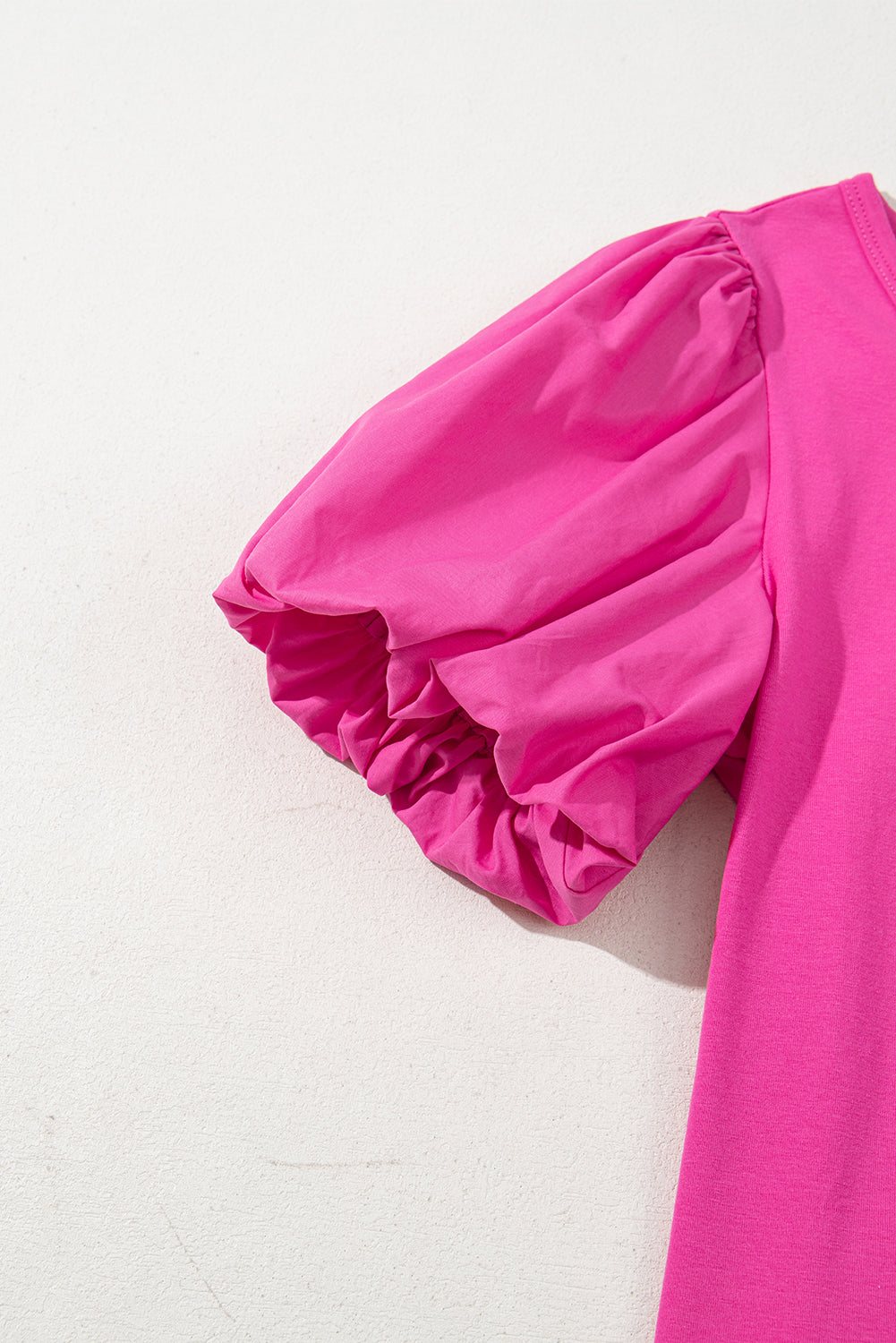 Strawberry Pink Casual Round Neck Bubble Sleeve Top